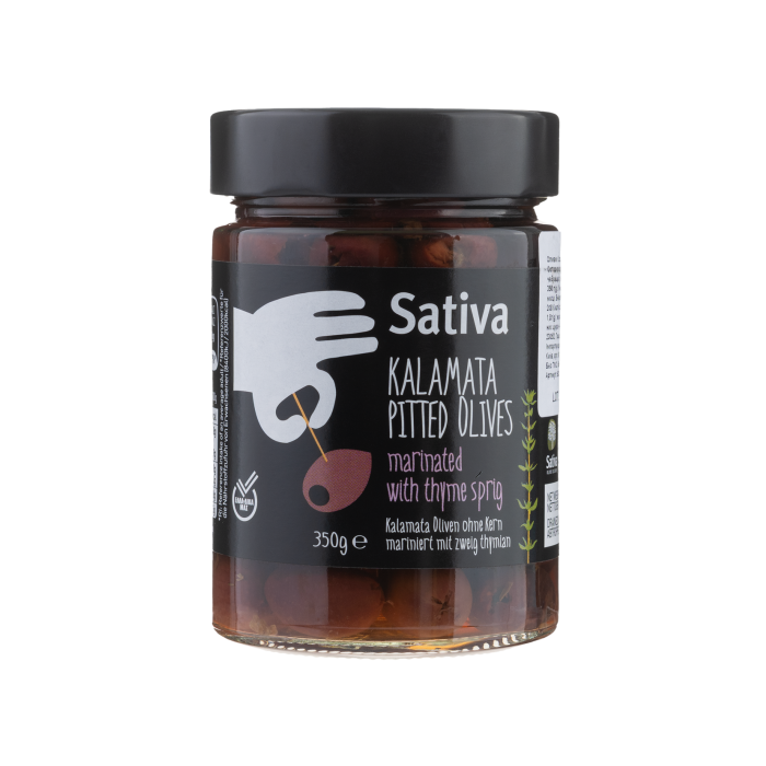 Оливки Каламата без кісточок мариновані з чебрецем 350г, Sativa