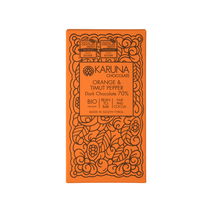 Шоколад темний Танзанія з апельсином та перцем Тімут Беліз 70% 60г, Karuna chocolate