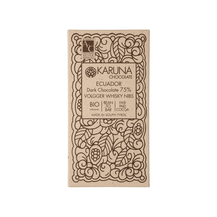 Шоколад темний Еквадор какао-крупкою, настояною на віскі Volgger 75% 60г, Karuna chocolate