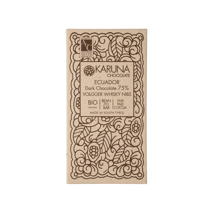 Шоколад темний Еквадор какао-крупкою, настояною на віскі Volgger 75% 60г, Karuna chocolate Шоколад темний Еквадор какао-крупкою, настояною на віскі Volgger 75% 60г, Karuna chocolate