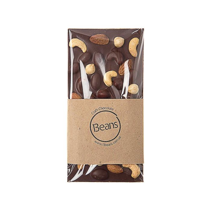 Шоколад молочний з фундуком, мигдалем та кеш'ю 120г, 13Beans