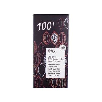 Какао-плитка темна з какао-бобами 100% какао органічна веганська 80г, Vivani