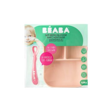 Силіконова 3х-секційна тарілка з ложкою рожева, Beaba