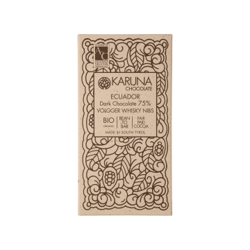 Шоколад темний Еквадор какао-крупкою, настояною на віскі Volgger 75% 60г, Karuna chocolate