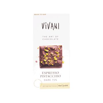 Шоколад темний органічний 75% з фісташками та еспресо  80г, Vivani